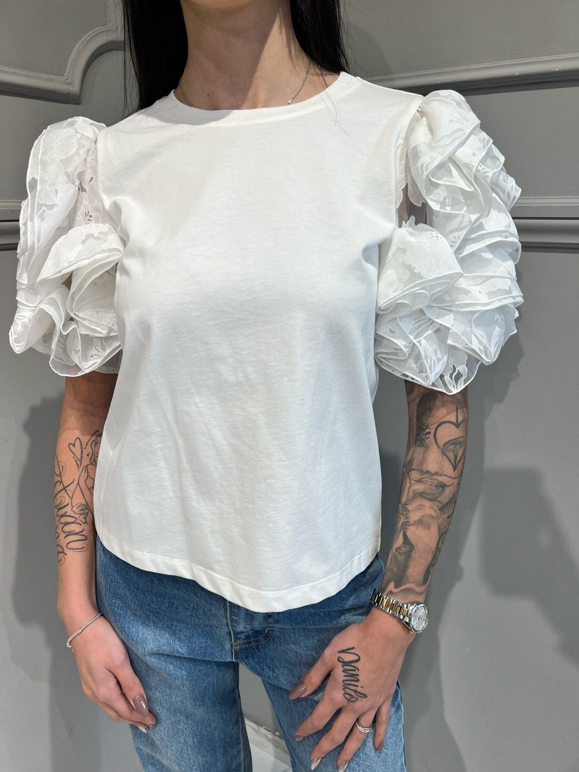 TWINSET ACTITUDE - t-shirt con rouges in pizzo 251ap2413 - bianco