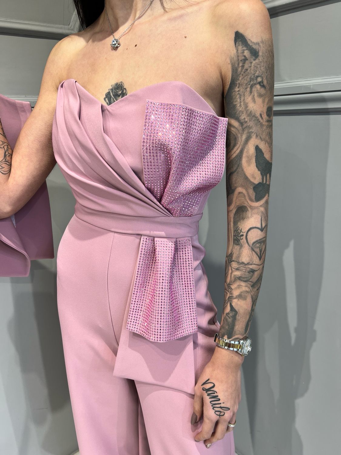 SILENCE LIMITED - tuta Candy con fiocco e strass - rosa