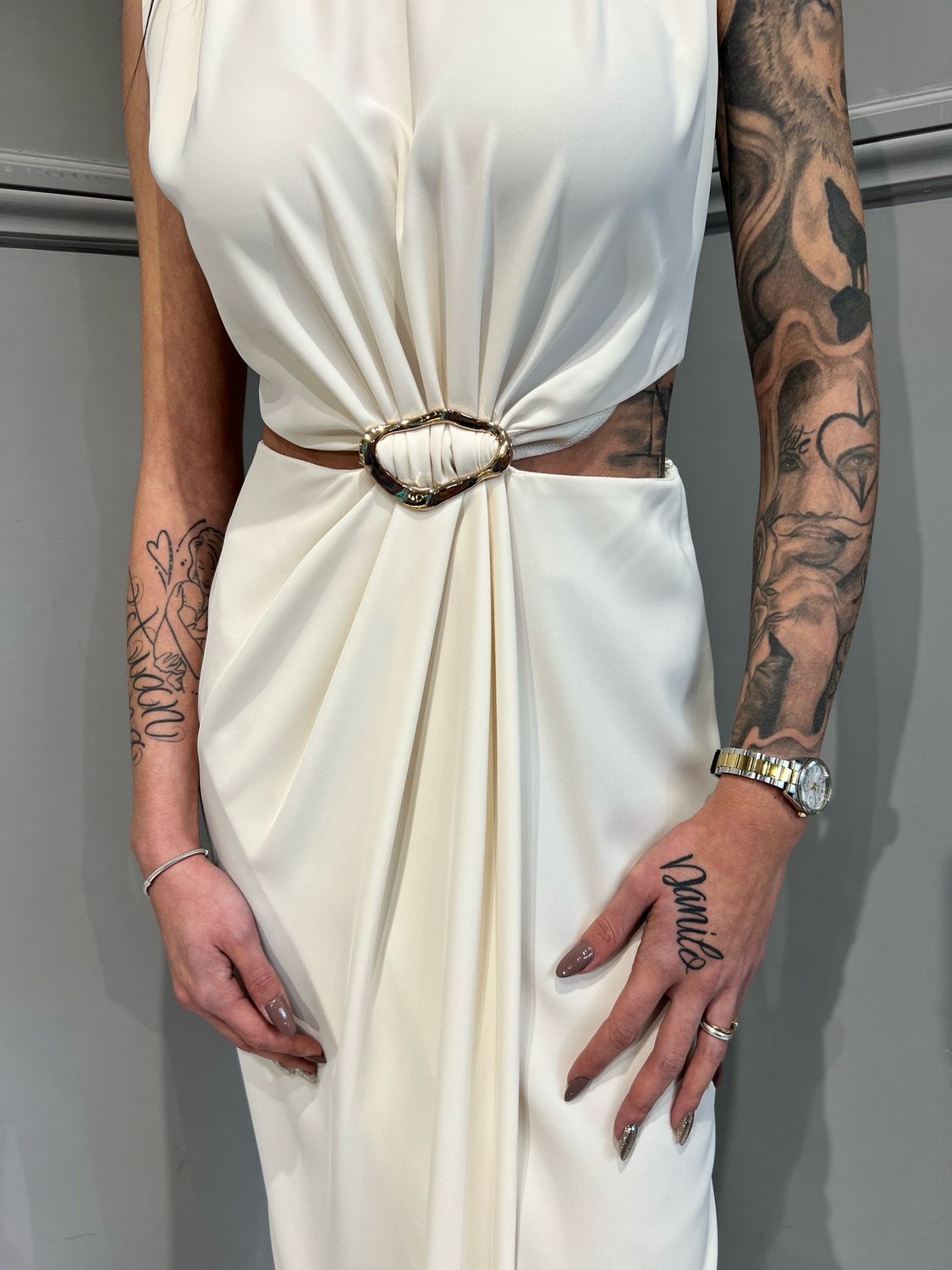 HAVE ONE - abito cut out con cerchio e drappeggio AFS-M029 - burro HAVE ONE - abito cut out con cerchio e drappeggio AFS-M029 - burro