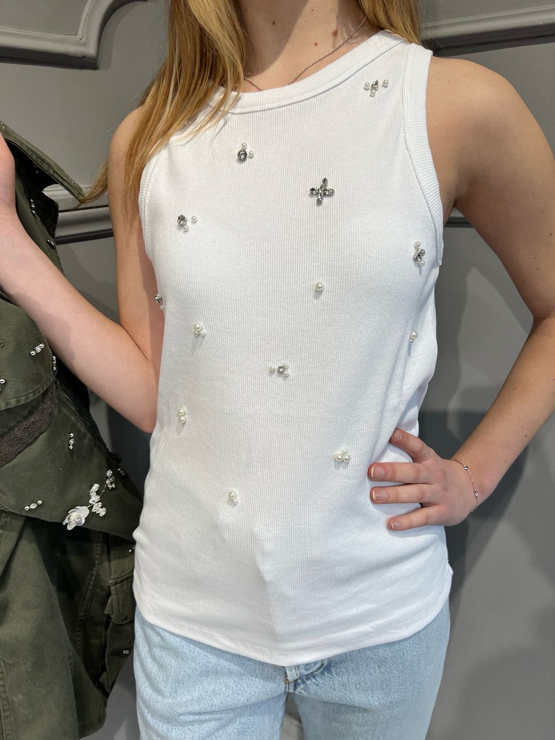 HAVE ONE - canotta a costine elasticizzata con pietre RNU- N005 - bianco HAVE ONE - canotta a costine elasticizzata con pietre RNU- N005 - bianco