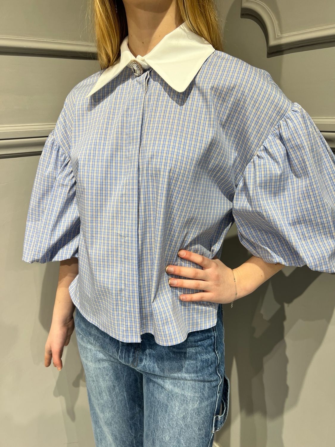 MOTEL - camicia maniche corte a palloncino bottone gioiello 25C6776 - quadretti celeste