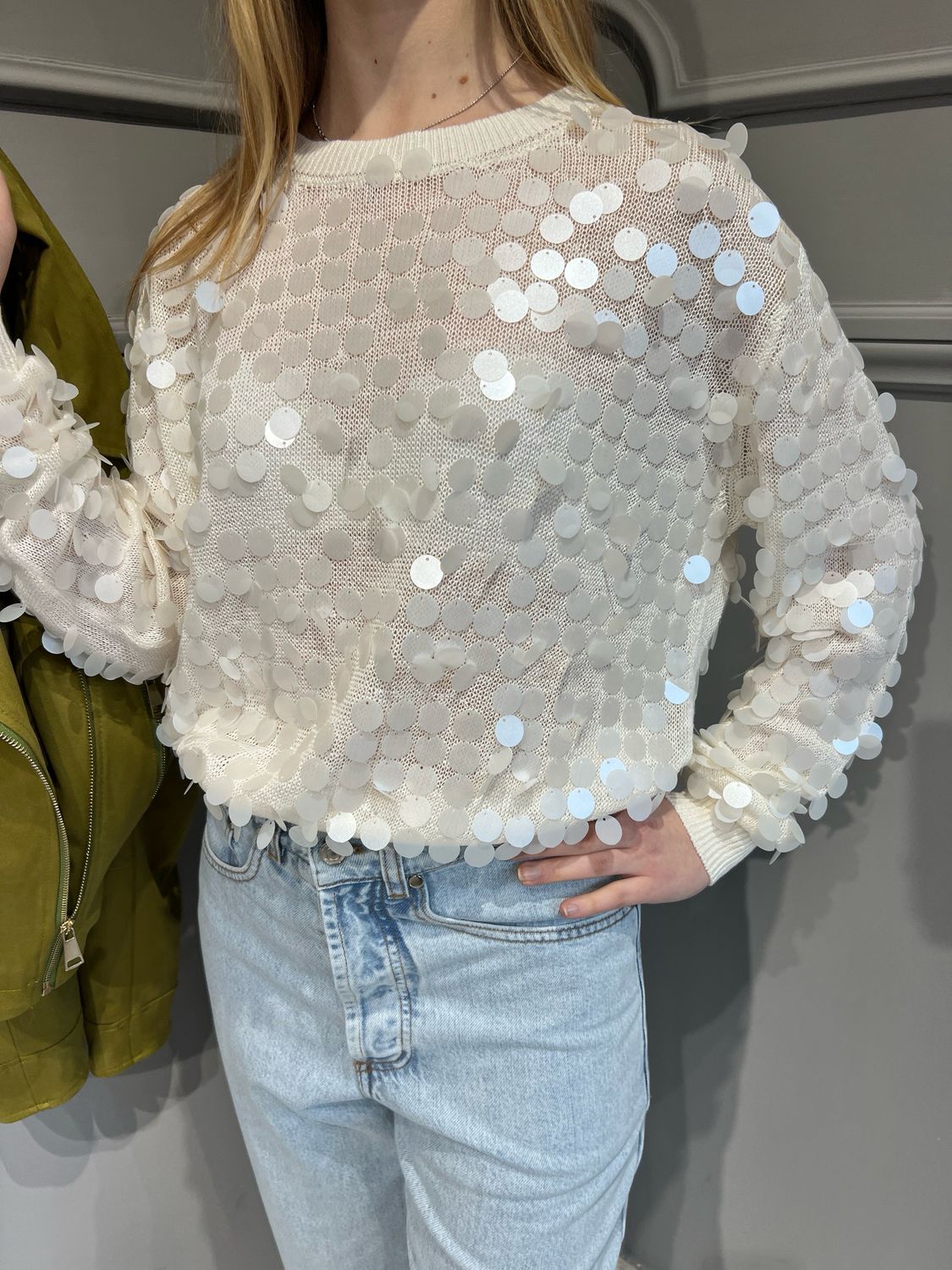 VICOLO - maglia girocollo con paillettes grandi 77003D - panna VICOLO - maglia girocollo con paillettes grandi 77003D - panna