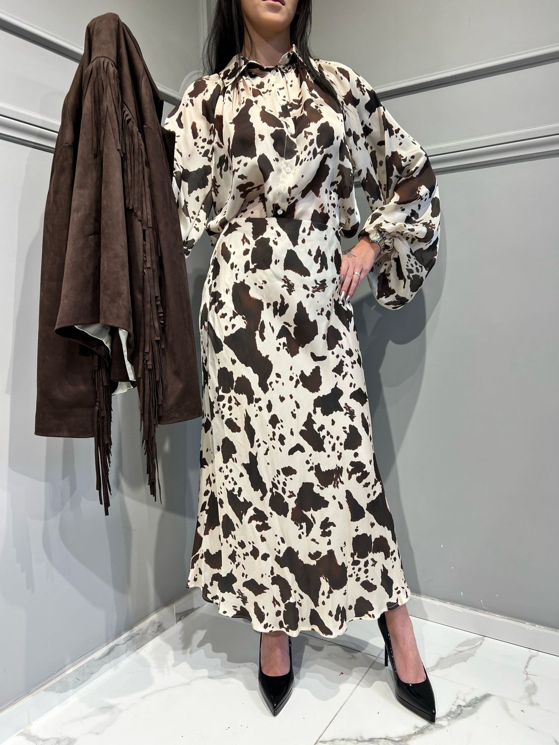 TENSIONE IN - camicia con polso a sbuffo 25C6903 fantasia - moro