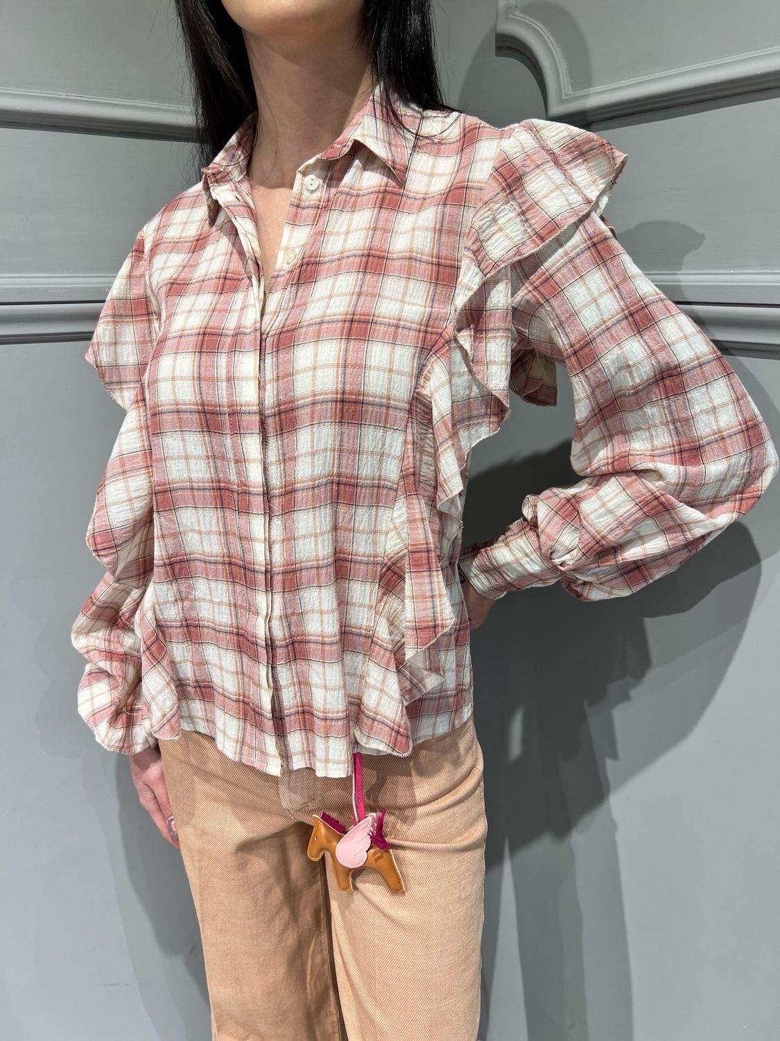 TENSIONE IN - camicia country con volant s25C541 - rosa