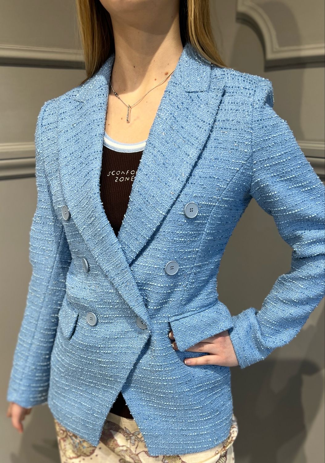 VICOLO - giacca doppiopetto avvitata in bouclé TD1433 - azzurro