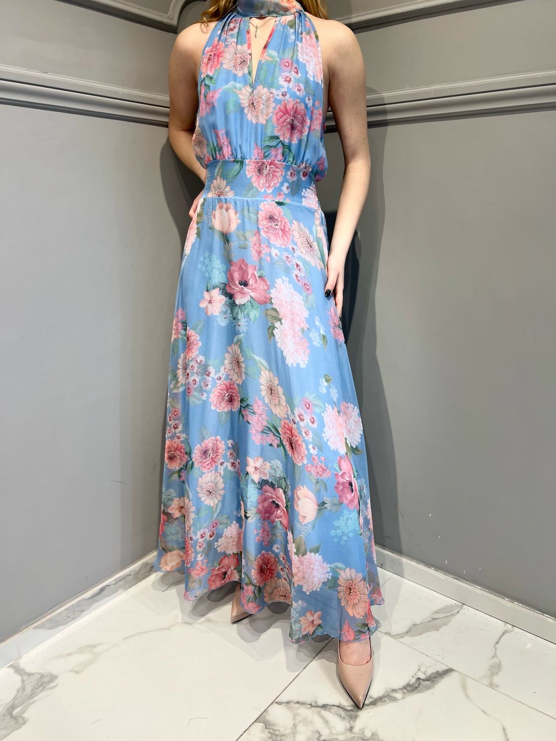 TENSIONE IN - abito scollo americana elastico dietro fantasia A30086AT - celeste TENSIONE IN - abito scollo americana elastico dietro fantasia A30086AT - celeste