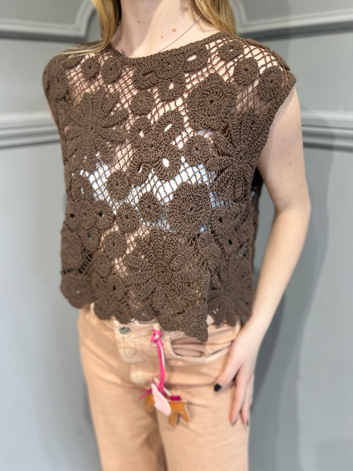 MOTEL - top spalla larga lavorazione uncinetto CT2493 - cioccolato
