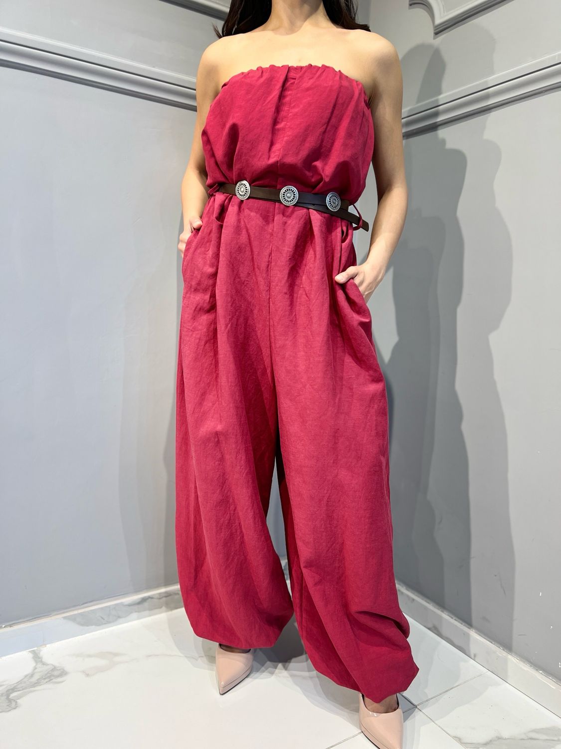 MOTEL - tuta in misto lino a palloncino e a fascia 36797G - india MOTEL - tuta in misto lino a palloncino e a fascia 36797G - india