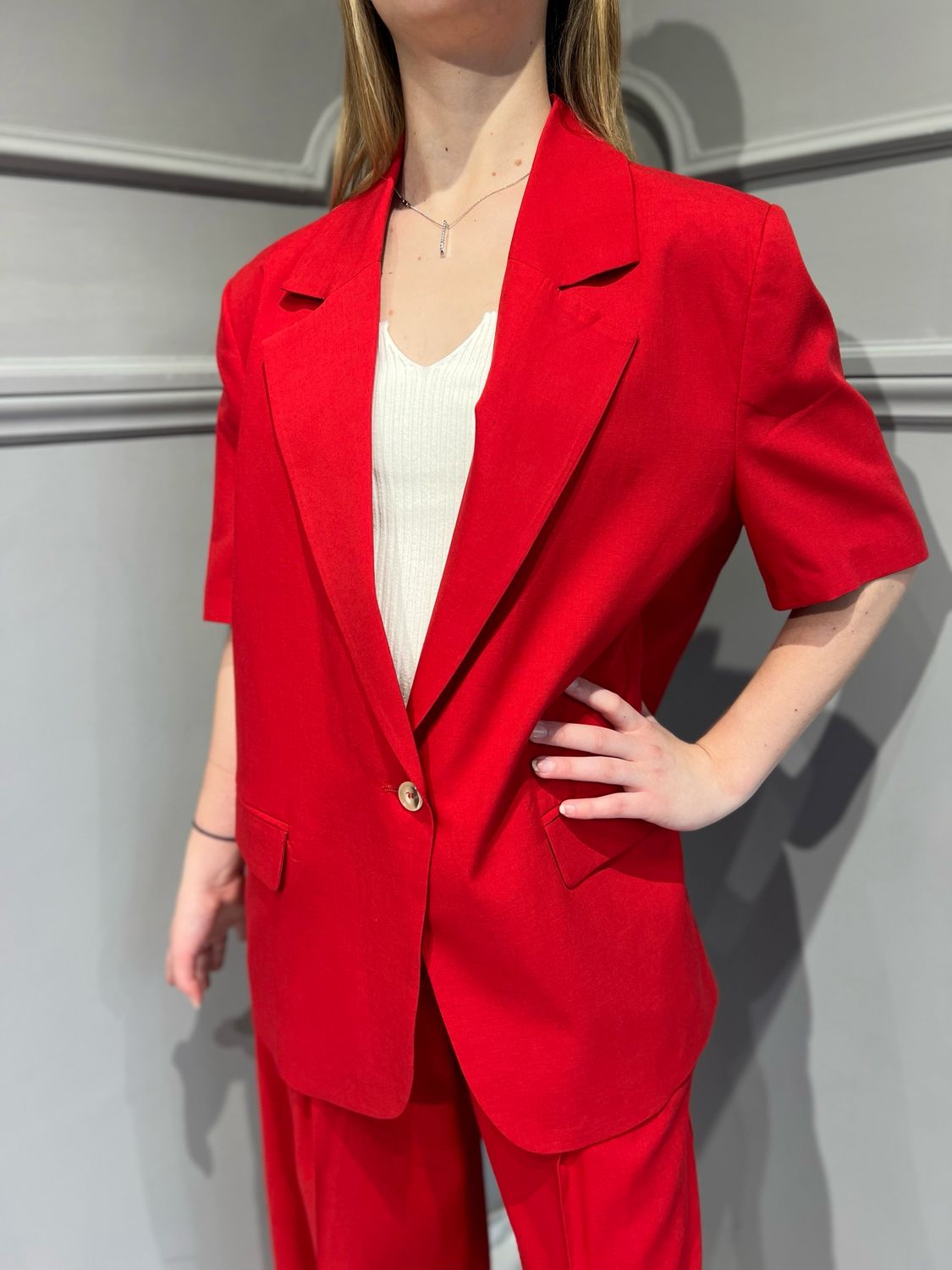 VICOLO - giacca maniche corte monopetto misto lino TD2392 - rosso