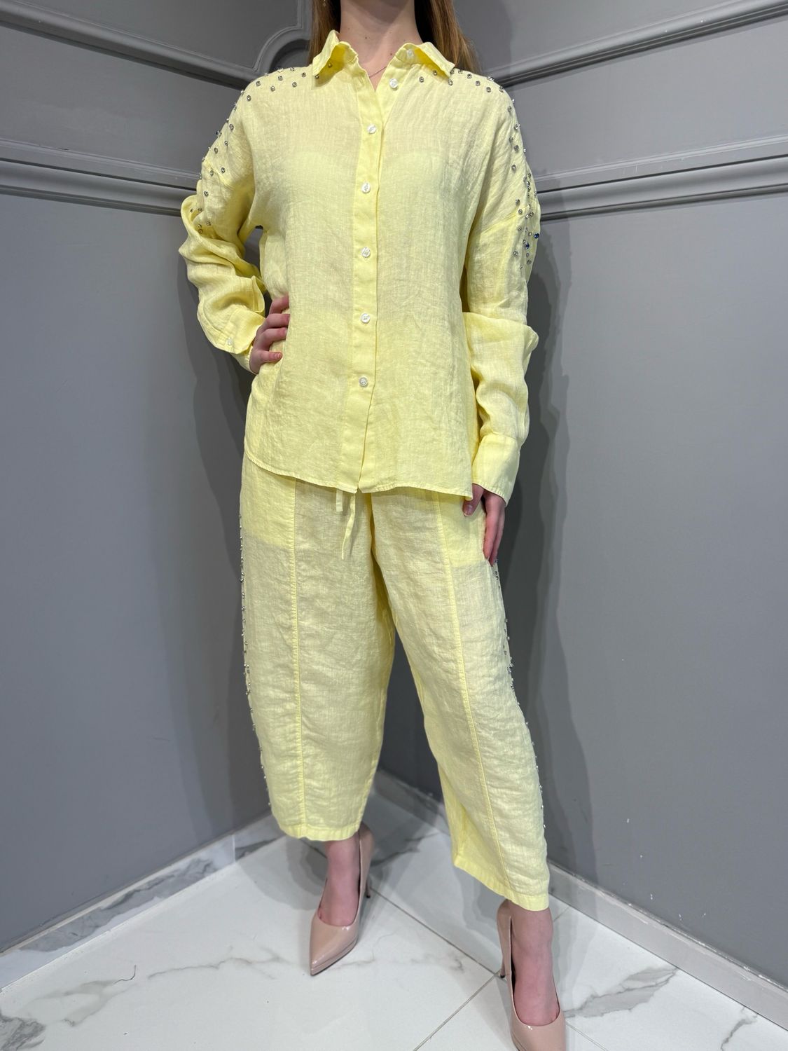 MOTEL - pantalone a ovetto in puro lino con pietre p6504 - giallo