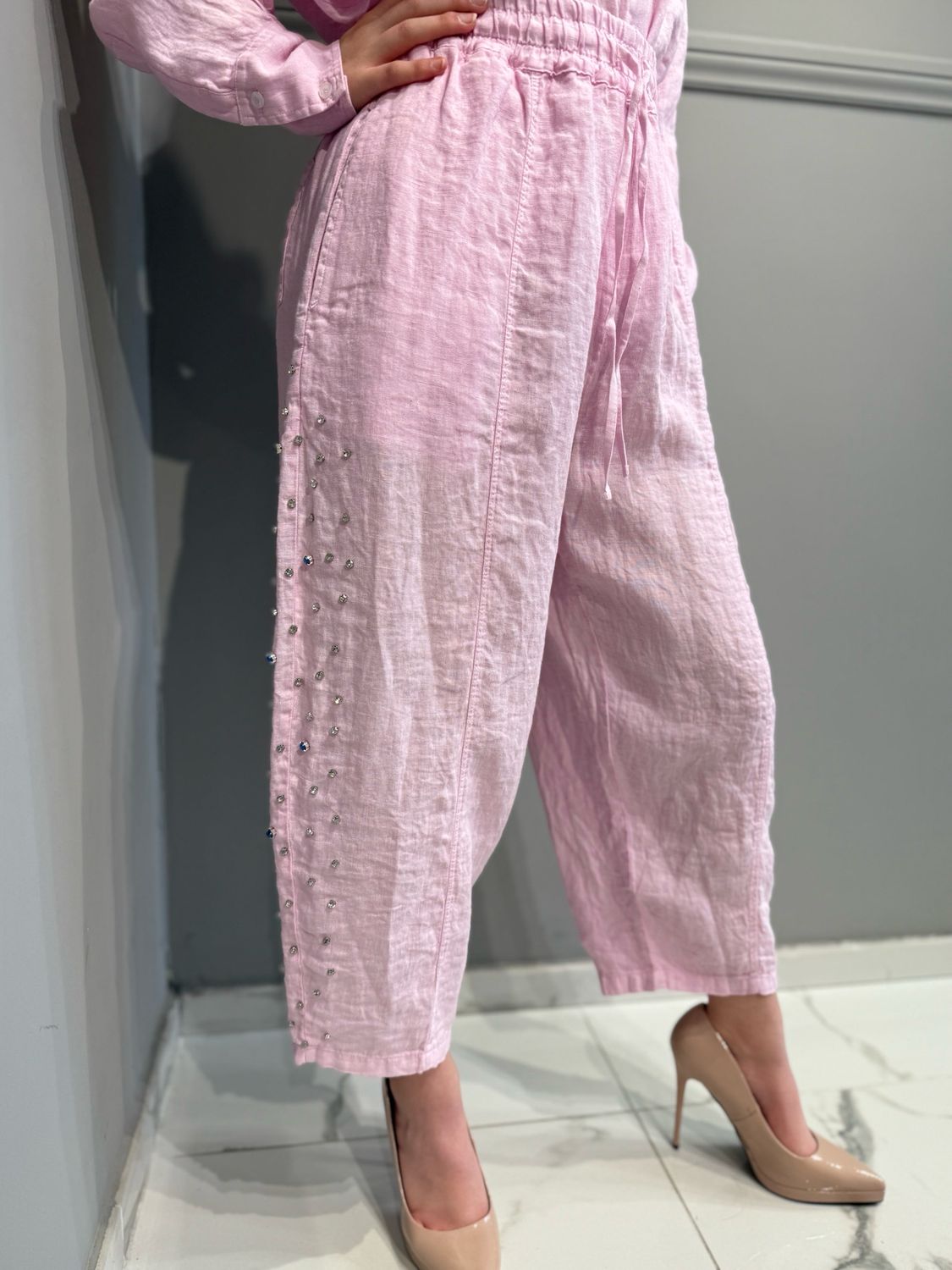 MOTEL - pantalone a ovetto in puro lino con pietre p6504 - rosa