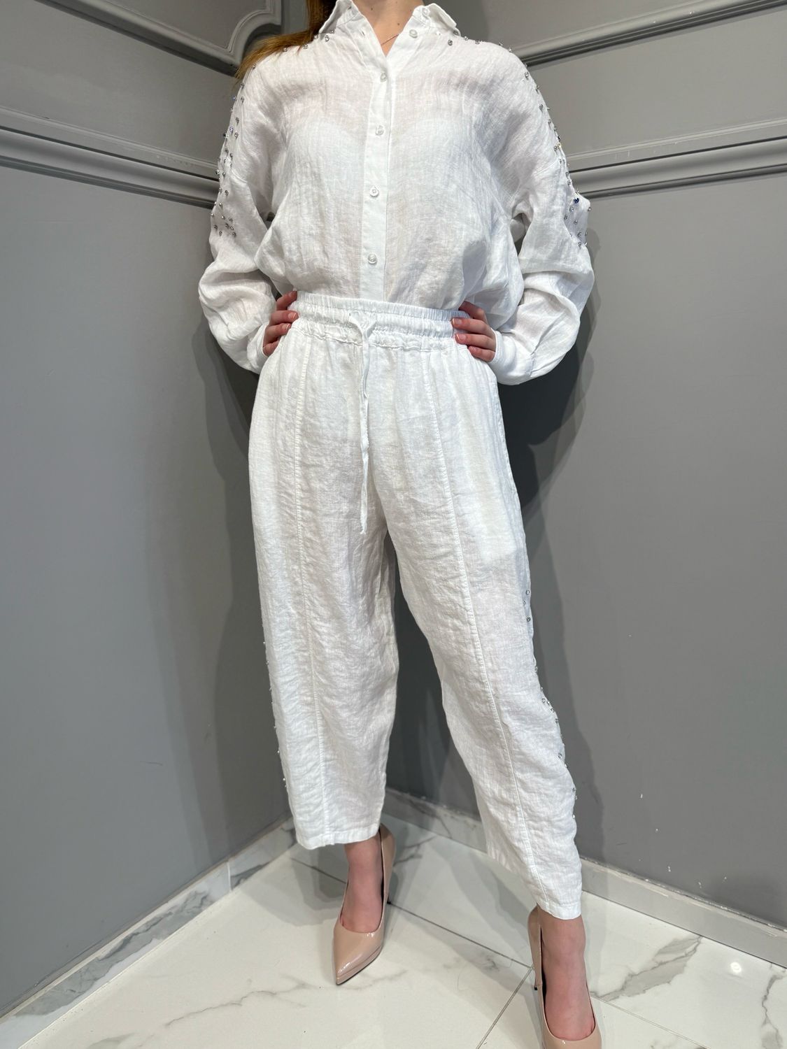 MOTEL - pantalone a ovetto in puro lino con pietre P6504 - bianco