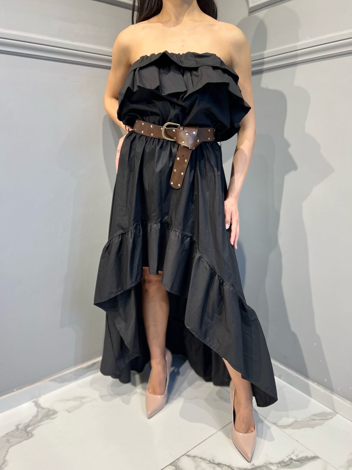 TENSIONE IN - abito in cotone a fascia con rouches 36834 - nero