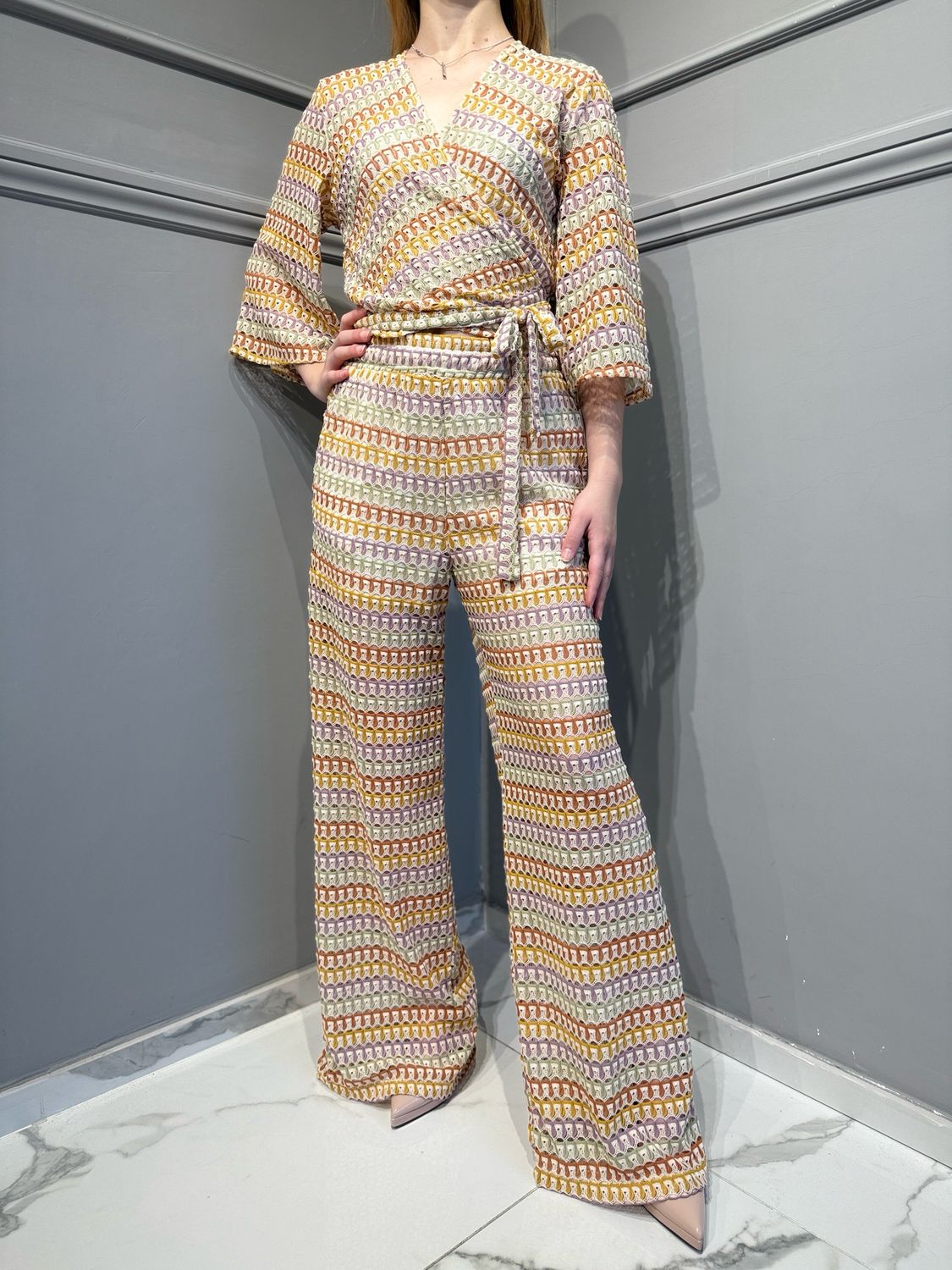 HAVE ONE - pantalone traforato con elastico in vita a palazzo fantasia optical PSO-N485 - orange/sand/senape