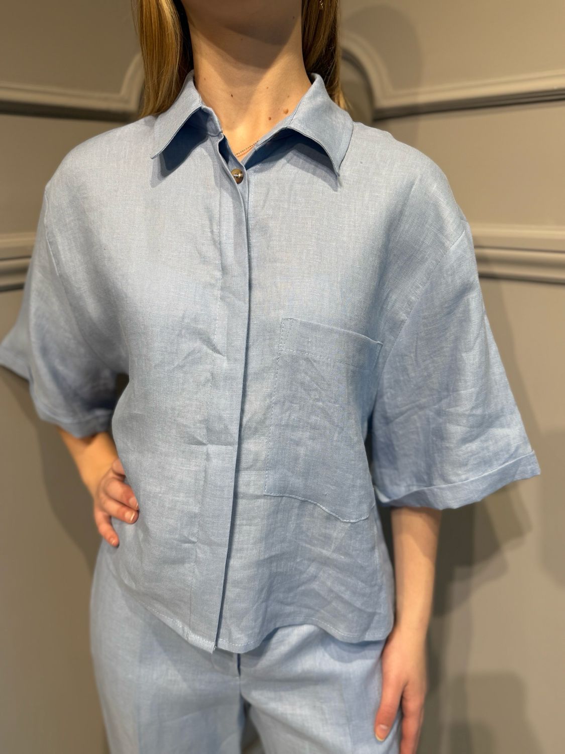 TENSIONE IN - camicia a maniche corte in puro lino 25c7723 - celeste