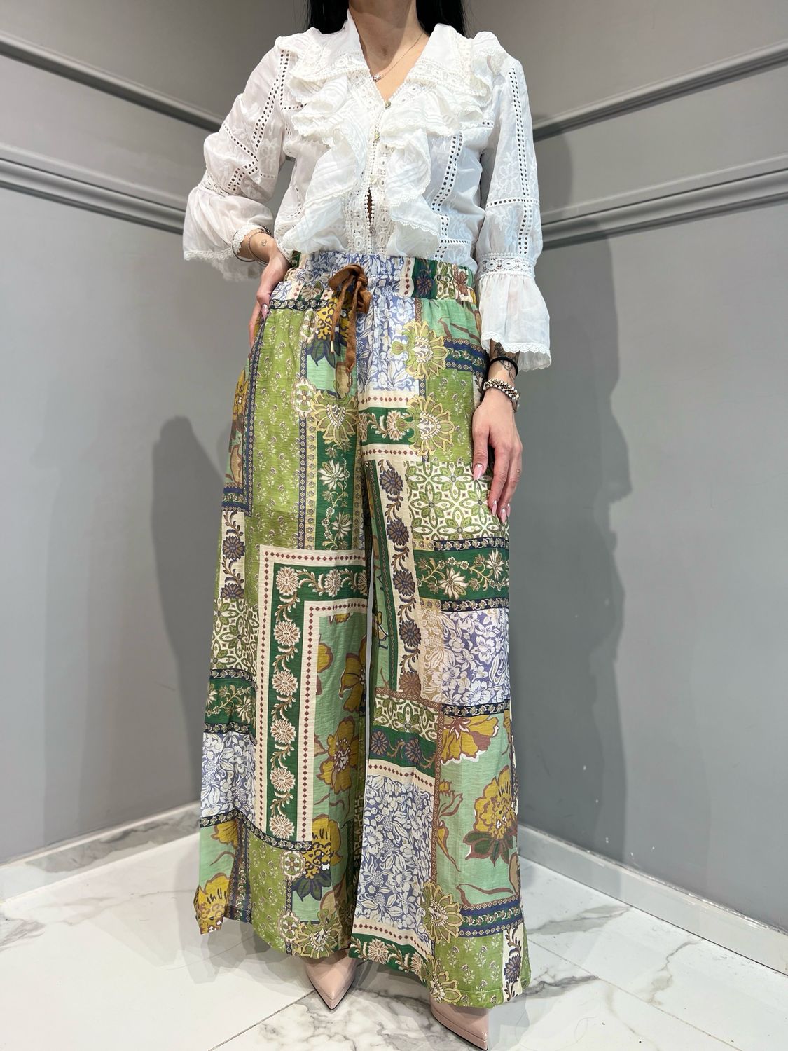 MOTEL - pantalone in viscosa a fantasia con elastico in vita a palazzo S25PC24 - variante unica