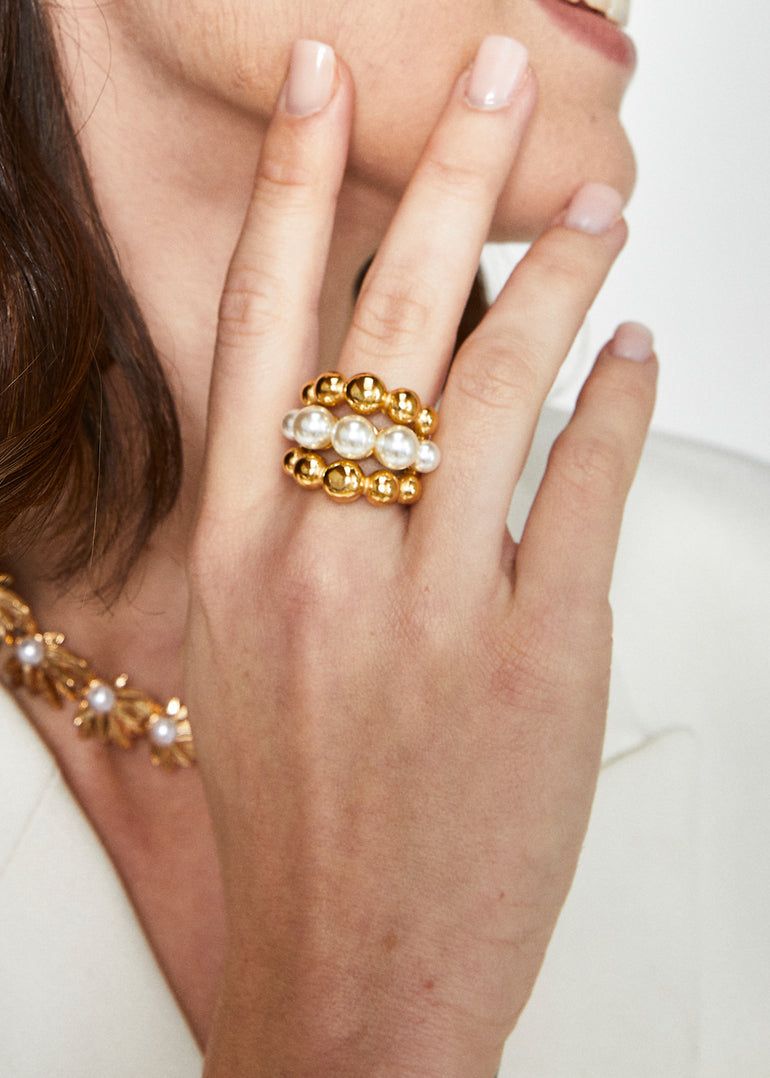 Nalì - ANELLO SFERE E PERLE PLAC.ORO 18KT - PUAN0001