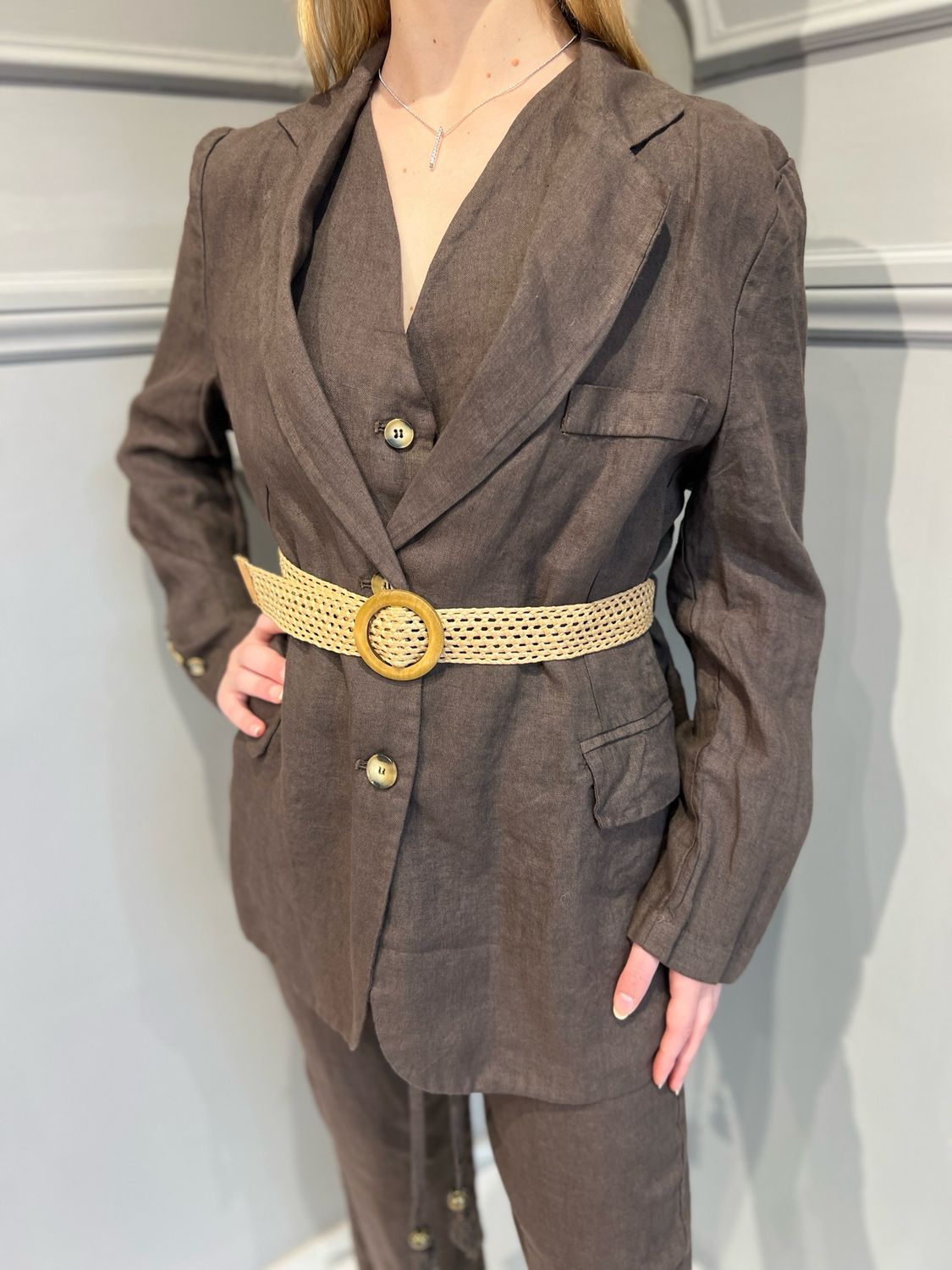 MOTEL - giacca over con cintura in puro lino S25J761 - cocco