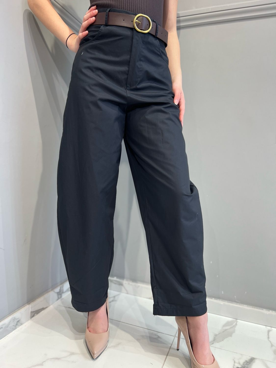 VICOLO - pantalone in cotone popeline elasticizzato a banana TD2501 - nero