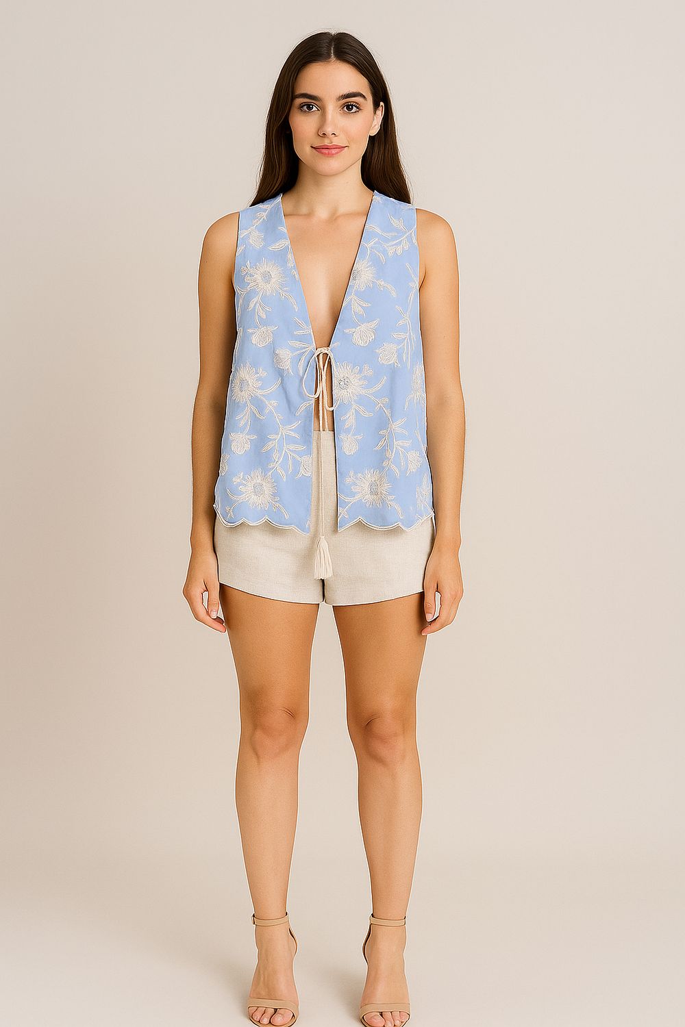 Tensione in - Gilet in popeline di cotone con ricami e micro-paillettes Celeste - S25JF14