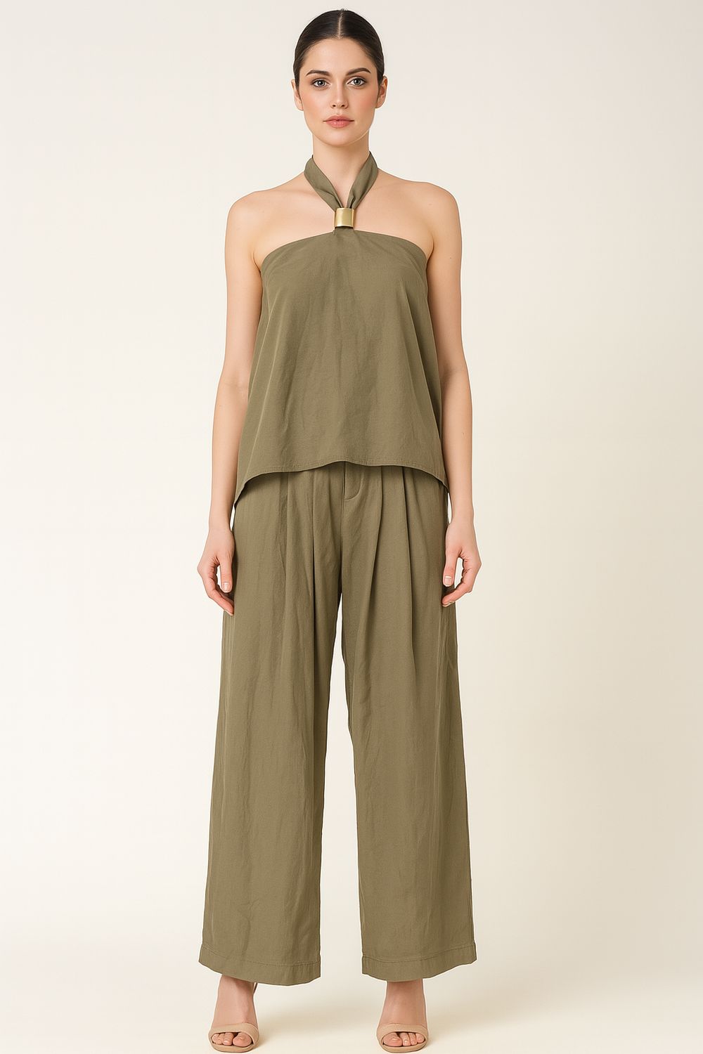 Tensione in - Completo top + pantalone con elastico in vita e  pence Verde Militare - UV1485