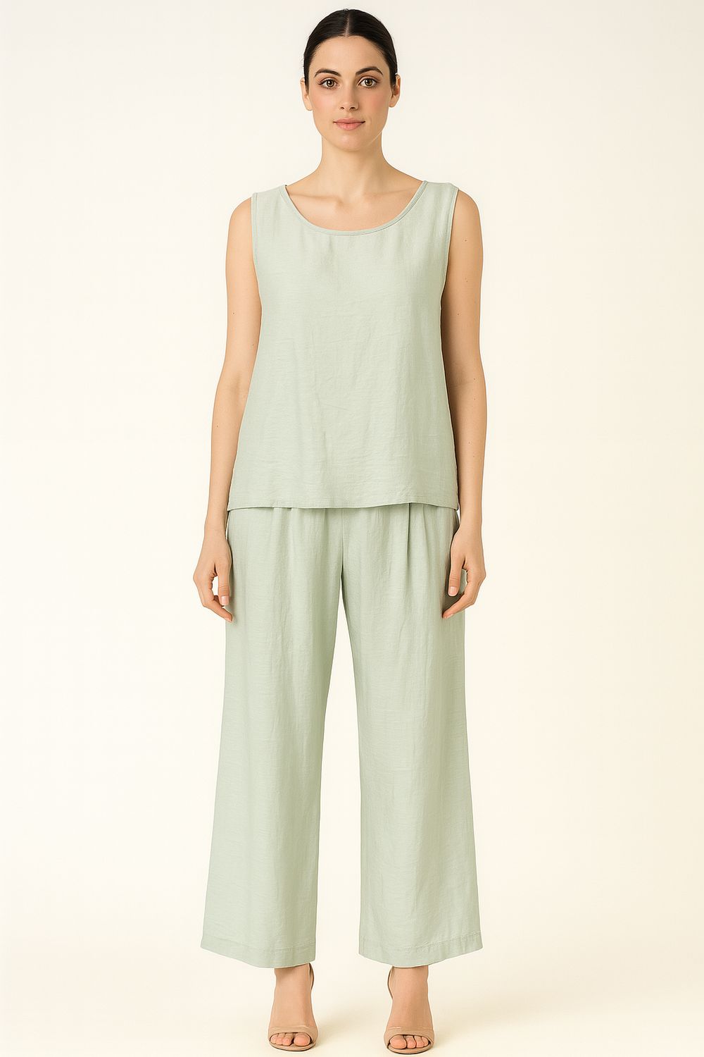 VICOLO - Completo blusa svasata + pantalone con pences e elastico dietro Salvia - TD2856