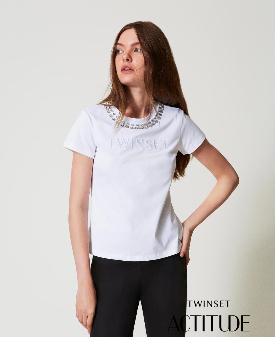 TWINSET ACTITUDE - T-shirt con ricamo a mano e logo - BIANCO
