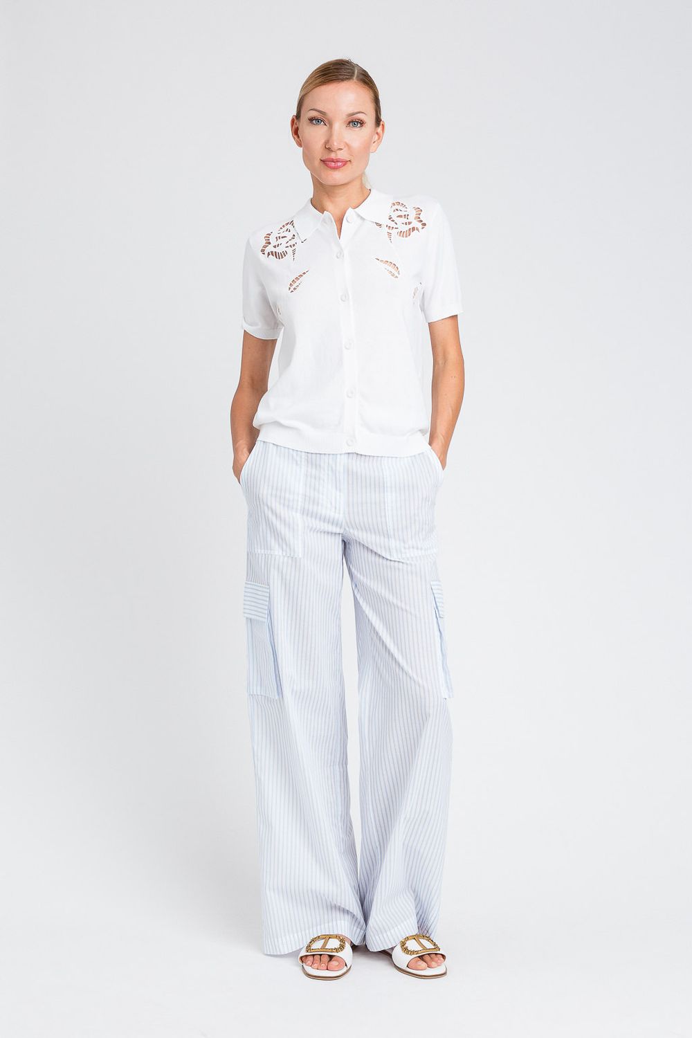 TWINSET ACTITUDE - PANTALONE in popeline a righe 251AX2054 - bianco/celeste