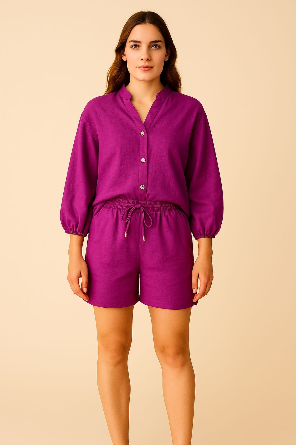 TENSIONE IN - pantaloncino in misto lino con spacchetti laterali e elastico in vita - orchidea