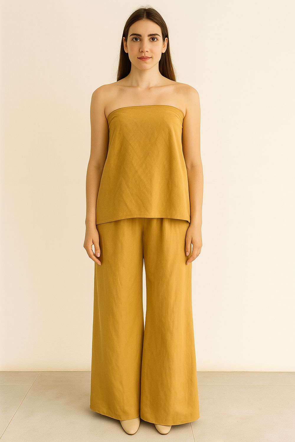 Tensione in - Completo pantalone + top a fascia con elastico dietro Senape - UV1306