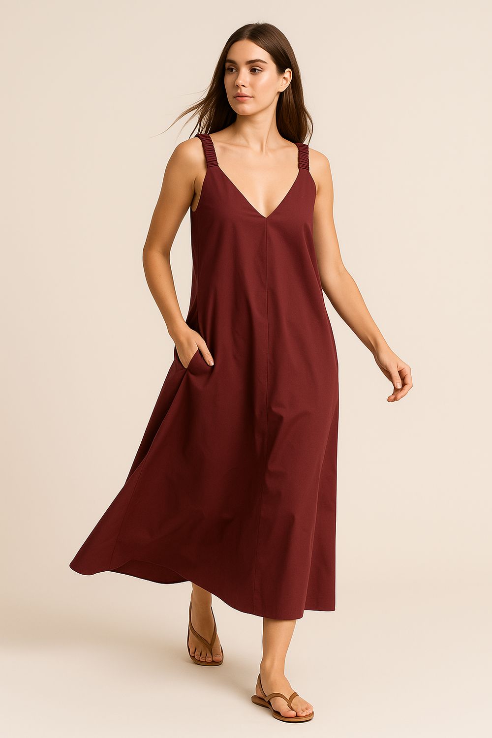 MOTEL - abito in cotone popeline con bretelle elastiche e con tasch S25AH64 - bordeaux