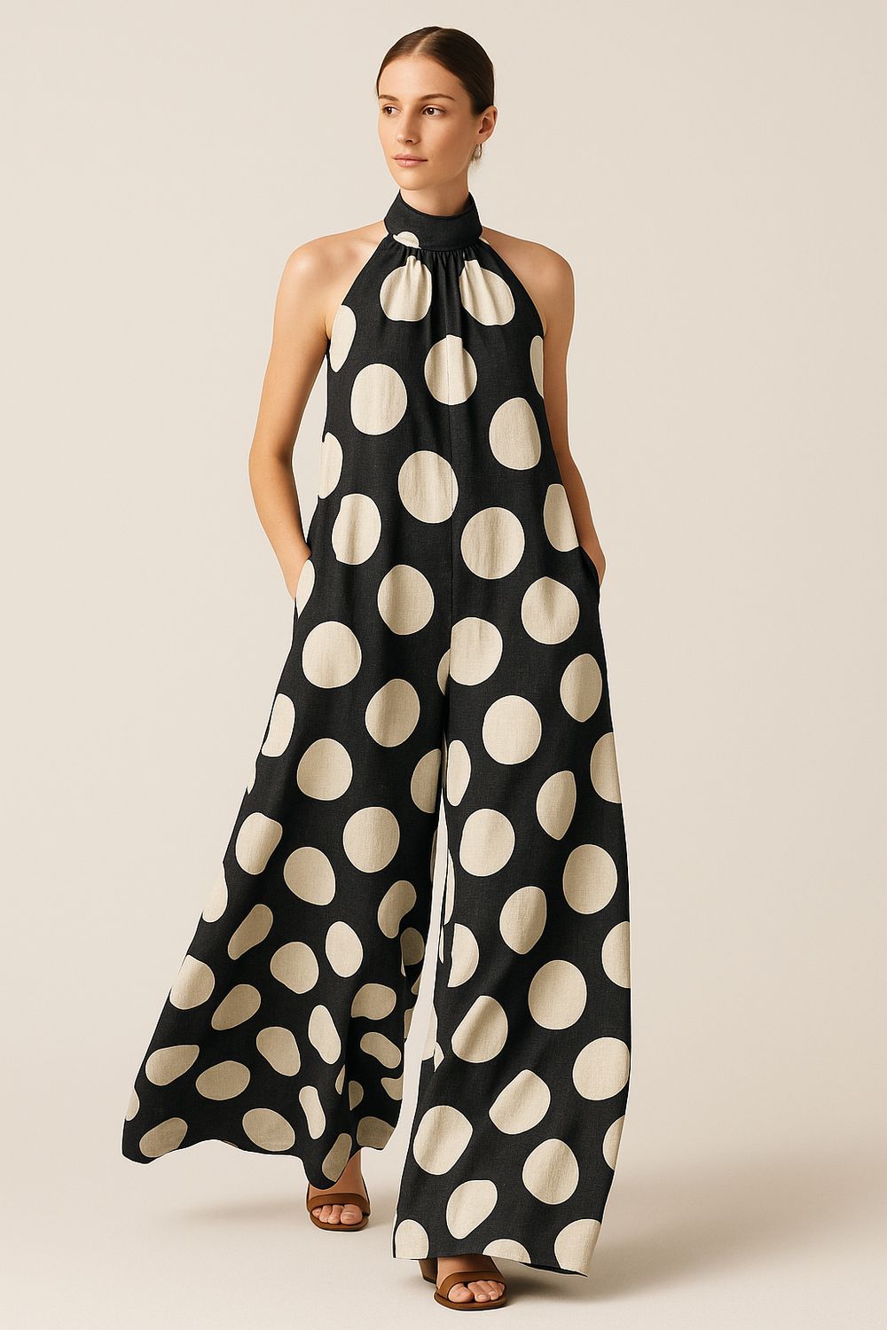 TENSIONE IN - tuta scollo alla schiena in satin a pois - nero/bianco