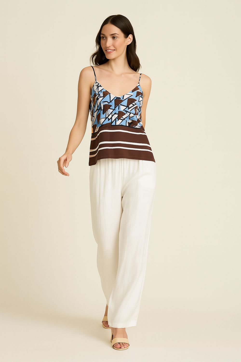 TENSIONE IN - top a canotta in viscosa con bretelle e regolabili SS251238 - fantasia moro/celeste