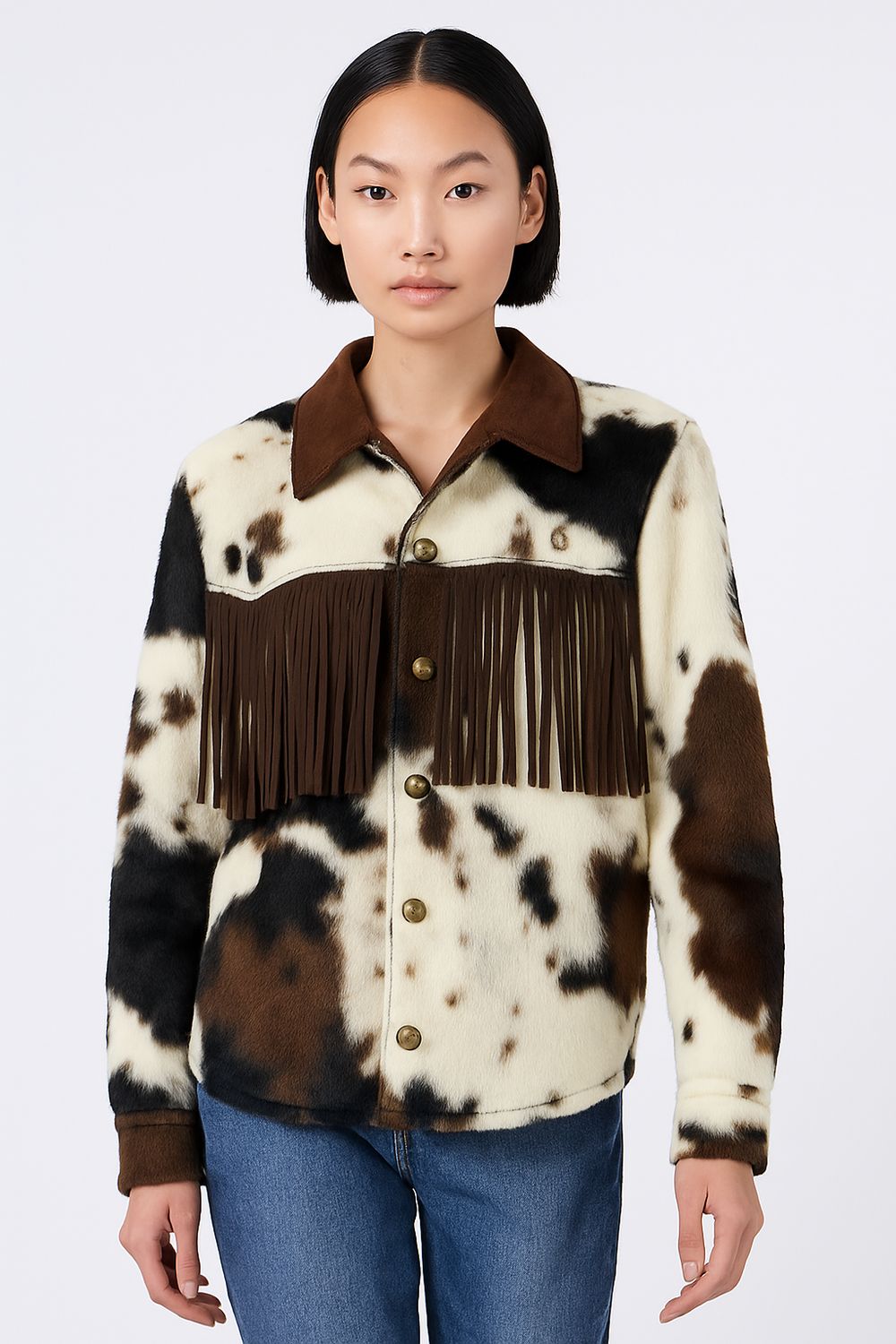 MOTEL - giacca in cavallino ecologico con colletto in renna e frange 36816G -