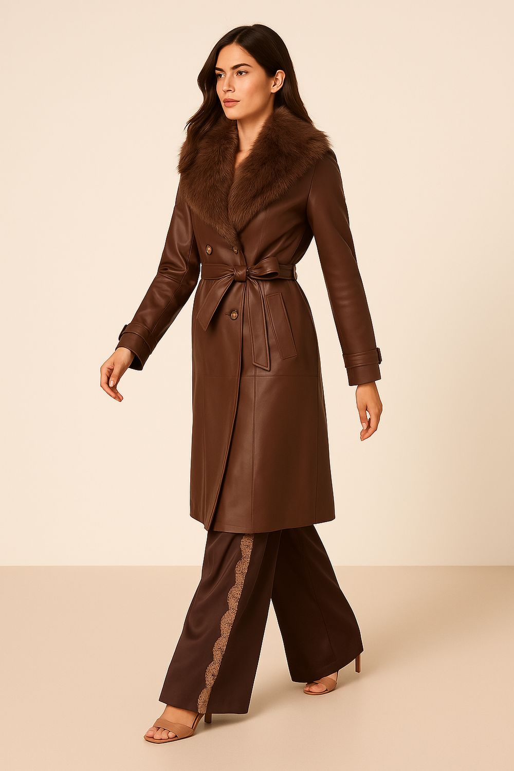 TENSIONE IN - spolverino in ecopelle con cintura e pelliccia ecologica sul collo 225089 - moro