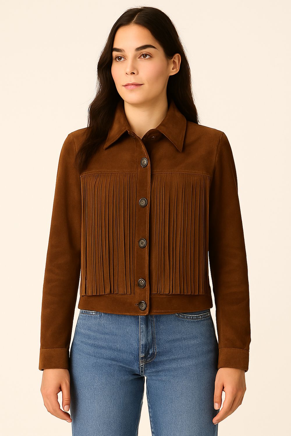 MOTEL - giacca in renna con frange avvitata WETE- tabacco