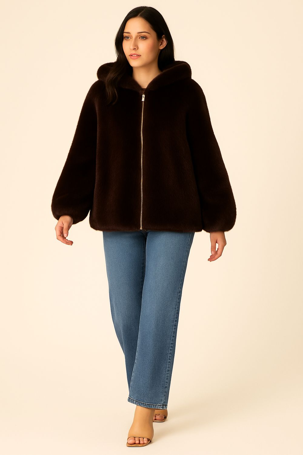 MOTEL - pelliccia ecologica con cappuccio 251-9-163g - moro