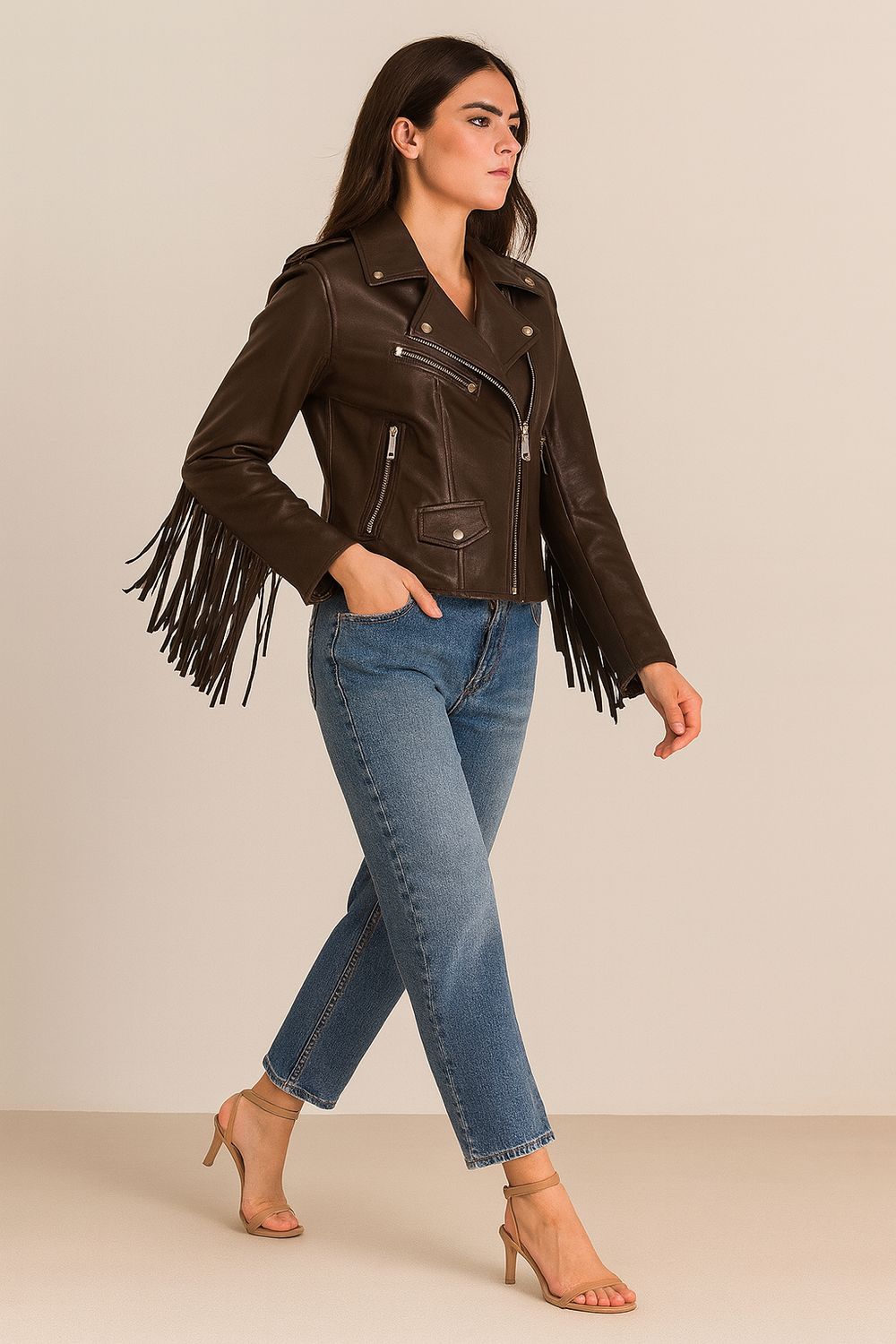 MOTEL - giubbino modello chiodo in pelle corto e avvitato con frange I25/A465 - moro