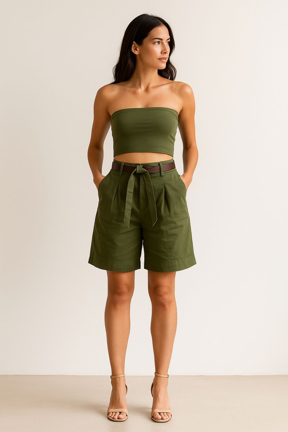 VIVOLO - bermuda in cotone con fusciacca in vita - verde militare
