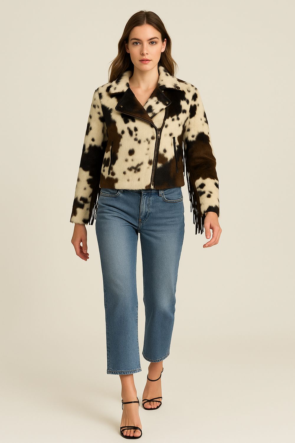 TENSIONE IN -giubbotto in cavallino con frange in renna36857AICAMP - stampa mucca