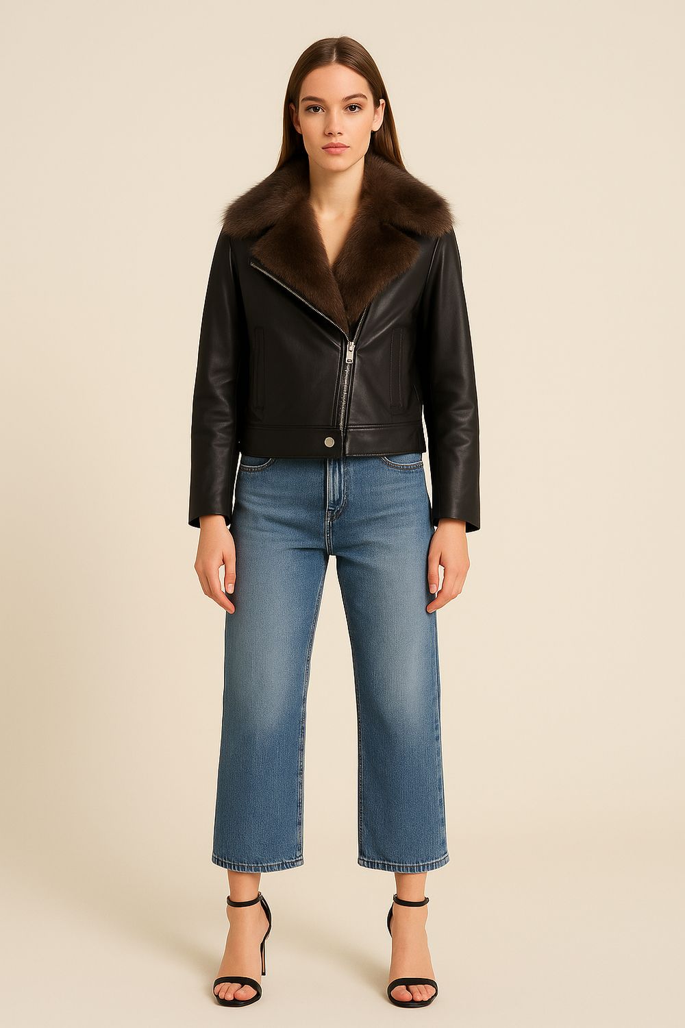 TENSIONE IN - giubbotto in pelle con collo pelliccia rimovibile trapuntato all’interno - A42AI25CAMP - nero