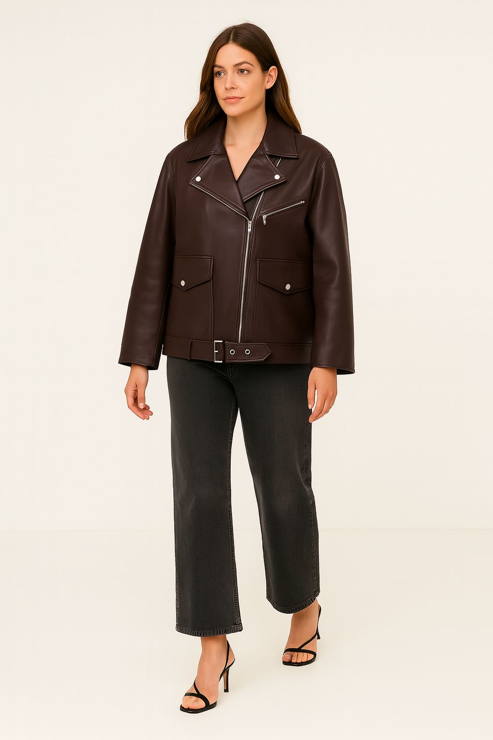 TENSIONE IN - giacca in pelle modello chiodo over A41AI25CAMP - vinaccia