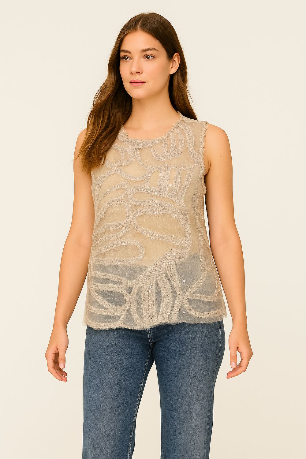 MOTEL - blusa con inserti in lana e paillettes con canotta sotto W25X029 - panna