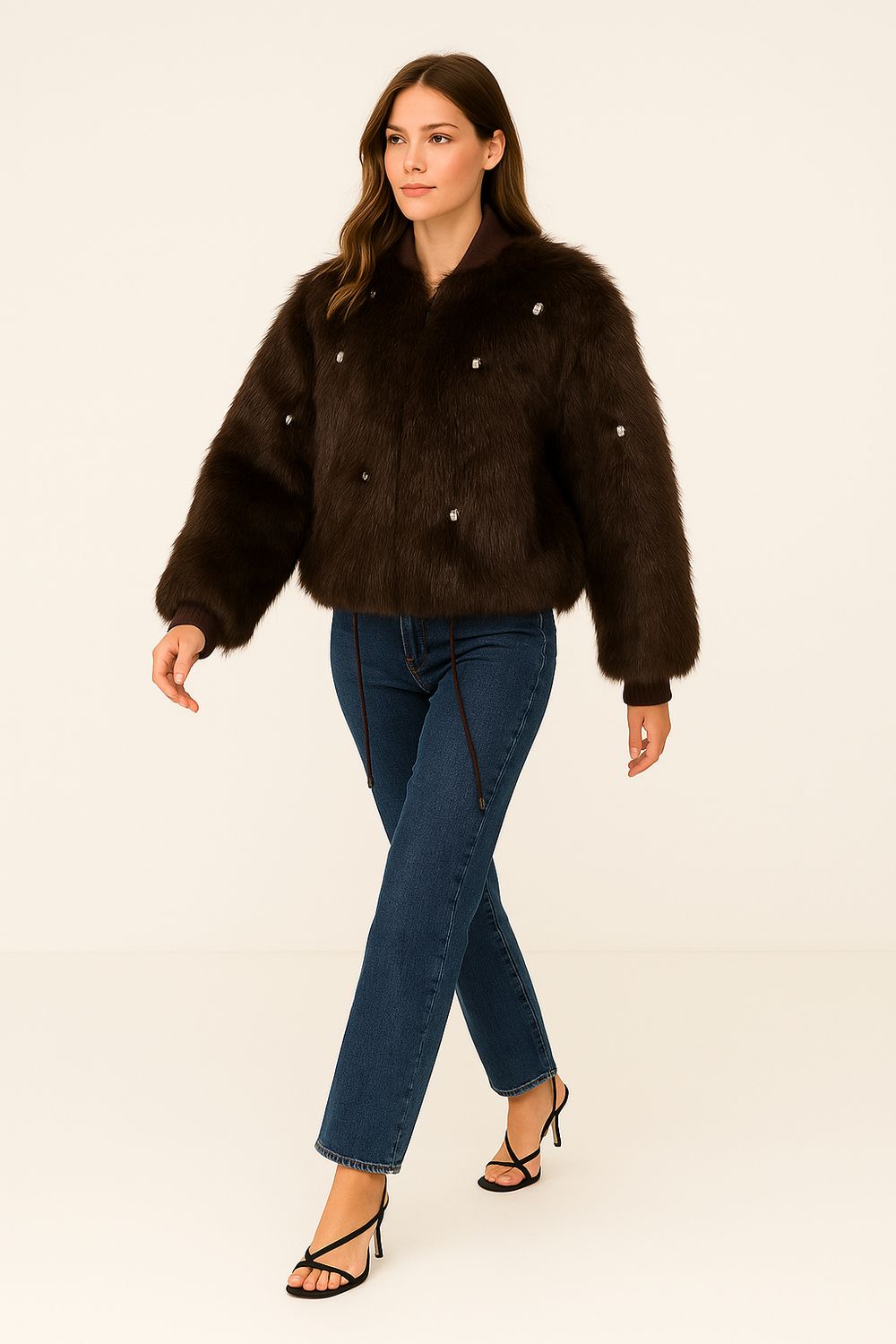 SWORD - bomber Pelliccia ecologica con pietre con inserti in lana e laccio sotto 9029/space - dark coffee