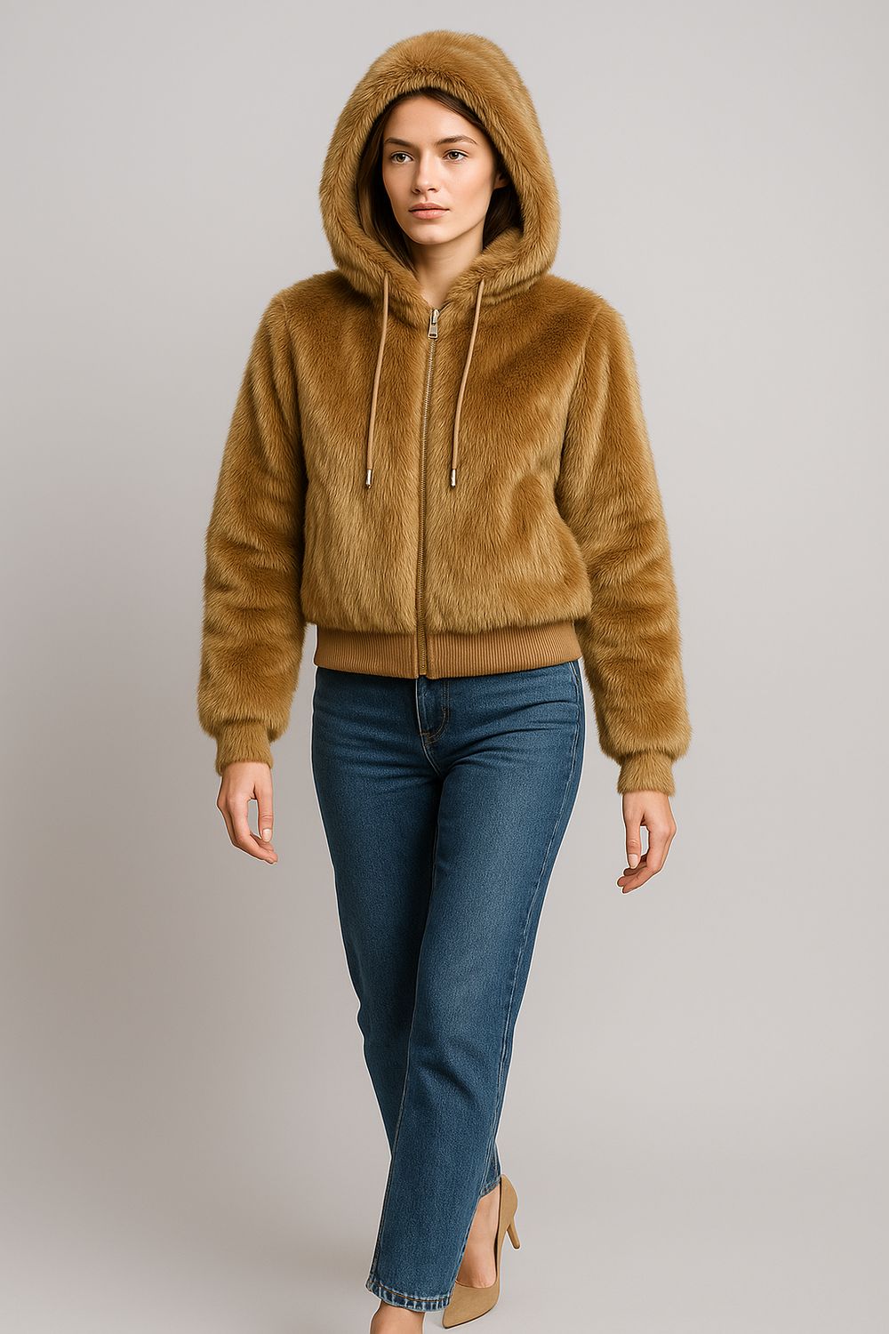 HAVE ONE - giacca in pelliccia ecologica corta con cappuccio KDY-M0136 - camel HAVE ONE - giacca in pelliccia ecologica corta con cappuccio KDY-M0136 - camel