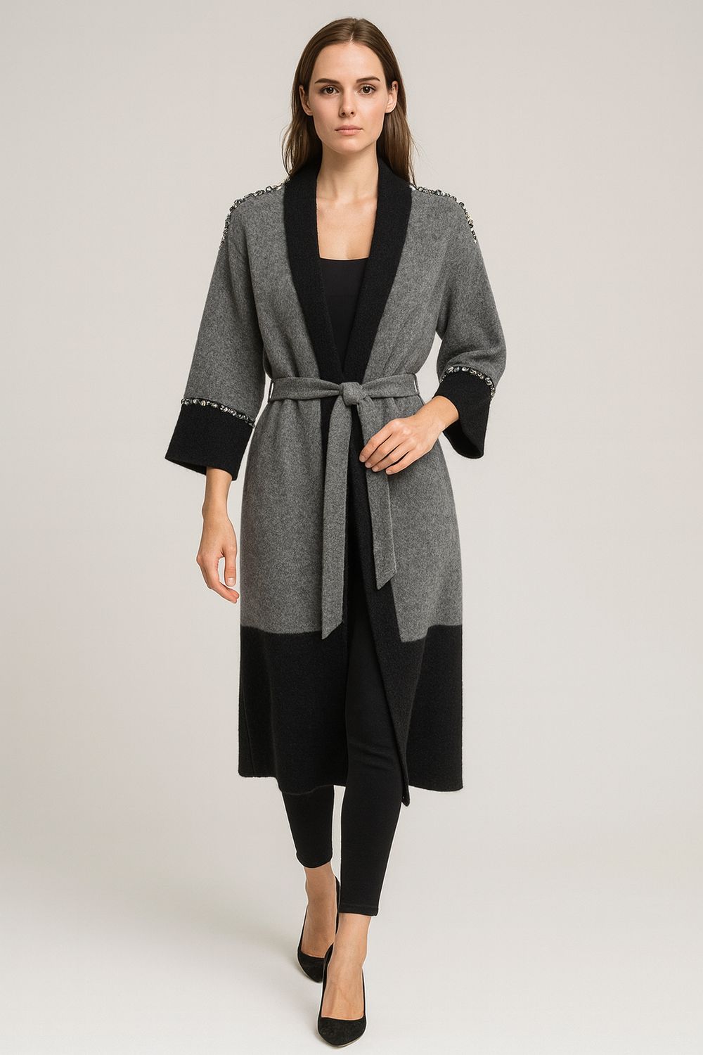 Vicolo - cappotto in lana bicolore con pietre e cintura 55002F - Nero/Grigio