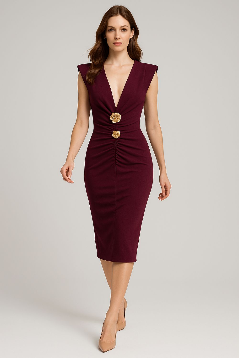 HAVE ONE - abito in tessuto elasticizzato con spille arricciato sul davanti AFS-P014 - bordeaux