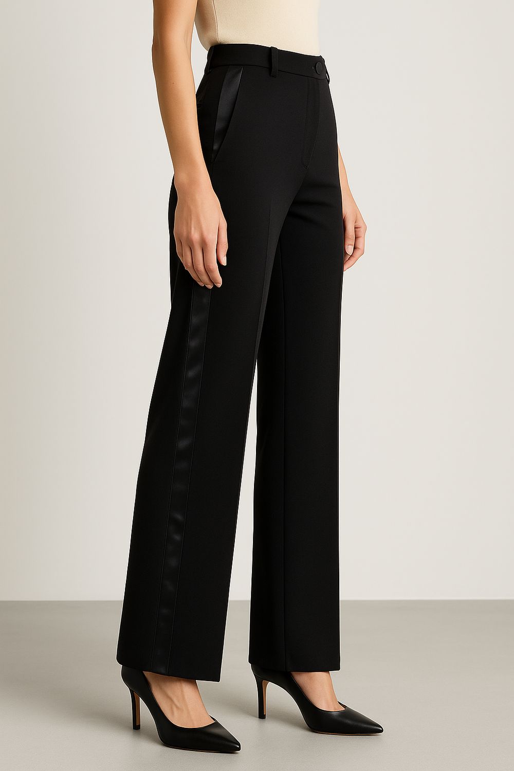 VICOLO - pantalone a palazzo in tessuto elasticizzato e tasche laterali e  bande laterali in raso TF0305 - nero