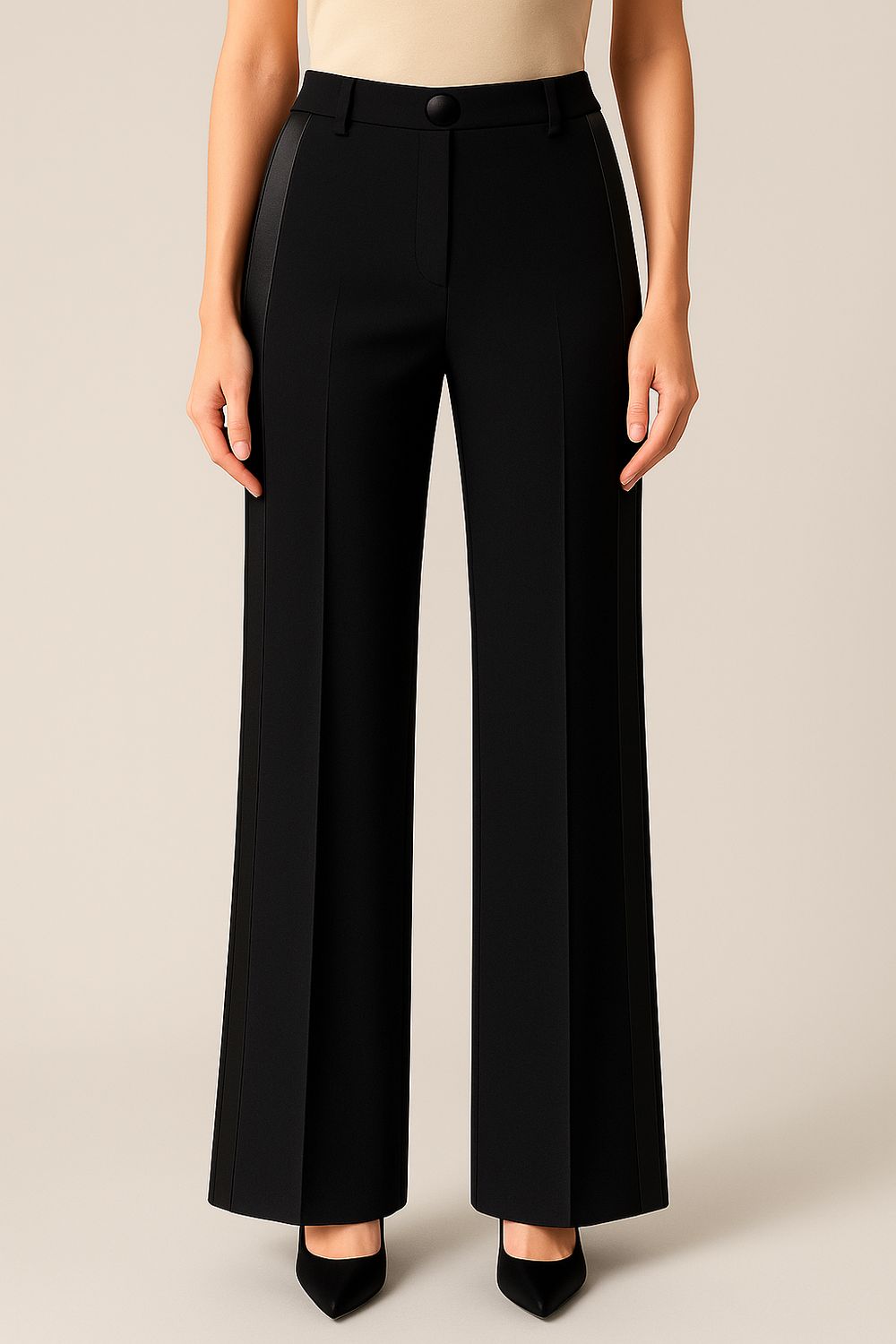 VICOLO - pantalone a palazzo in tessuto elasticizzato e tasche laterali e  bande laterali in raso TF0305 - nero