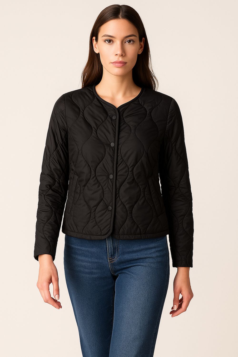 VICOLO - giacca  trapuntata 100 grammi girocollo con bottoni a clip TF0041 - nero